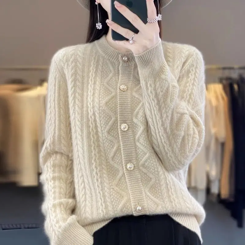 Women Winter Stylish Vintage Twisted Thick Warm Chic Beaded Button Knitted Cardigan Casual O Neck Long Sleeve Loose Sweater Coat