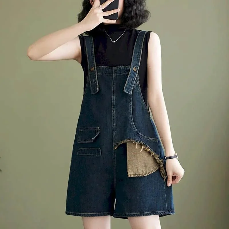 Denim Jumpsuits Women Vintage Korean Style One Piece Outfit Casual Cropped Rompers Five Point Jeans Summer Trend Women Clothing