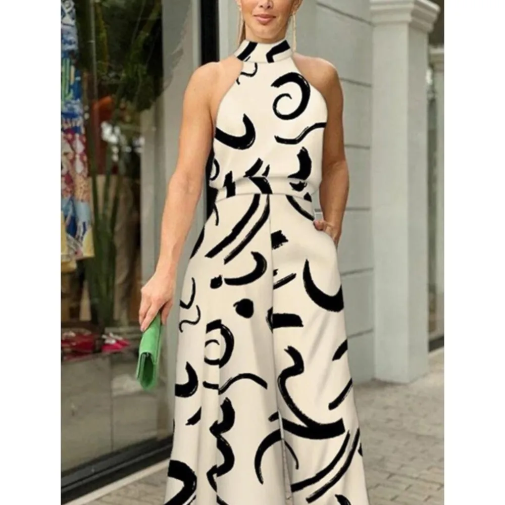 Spring Summer New Women's Fashion Printed Round Neck Sexy Sleeveless Hanging Neck Slim Fit With Pocket Jumpsuit Pants