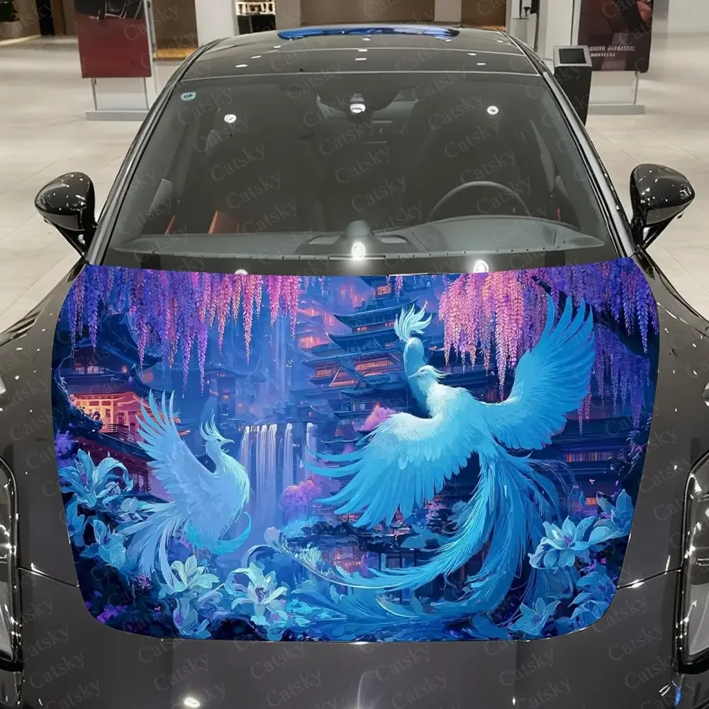 Blue Phoenix Wisteria Spirit Realm Car Vinyl Wrap, PVC Material Waterproof Car Hood Sticker, Self-Adhesive Scratch-Resistant Sti