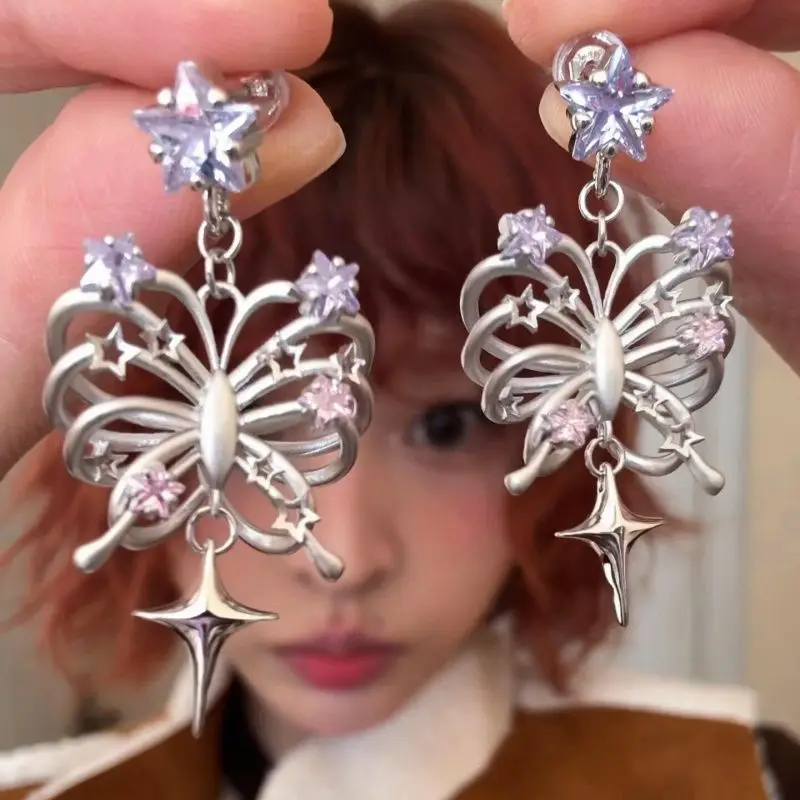 Punk Metal Butterfly Bone Tassel Pendant Earrings for Women Gothic Star Set Zircon Cross Drop Earrings Design Inspired Jewelry