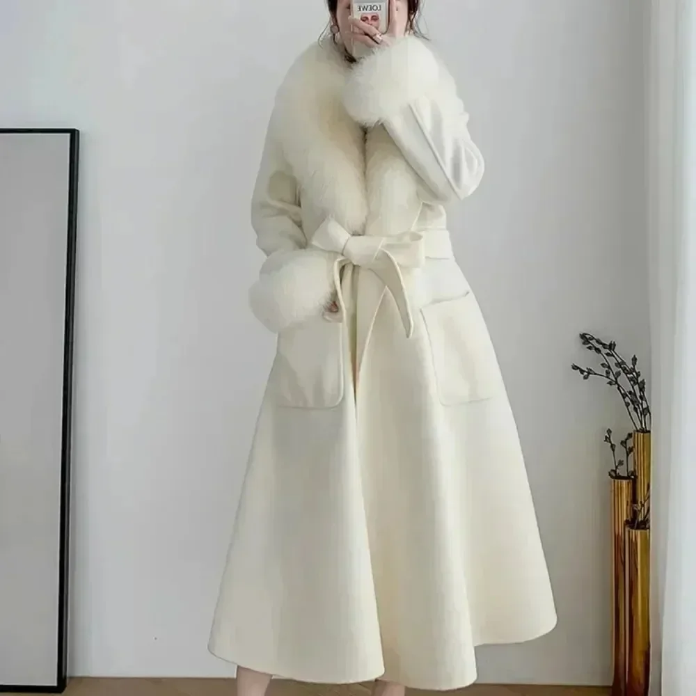 

Женское пальто из лисьего меха, осень/зима 2023, кашемировое шерстяное пальто, длинная юбка с большим меховым воротником, тонкая длинная куртка High Street