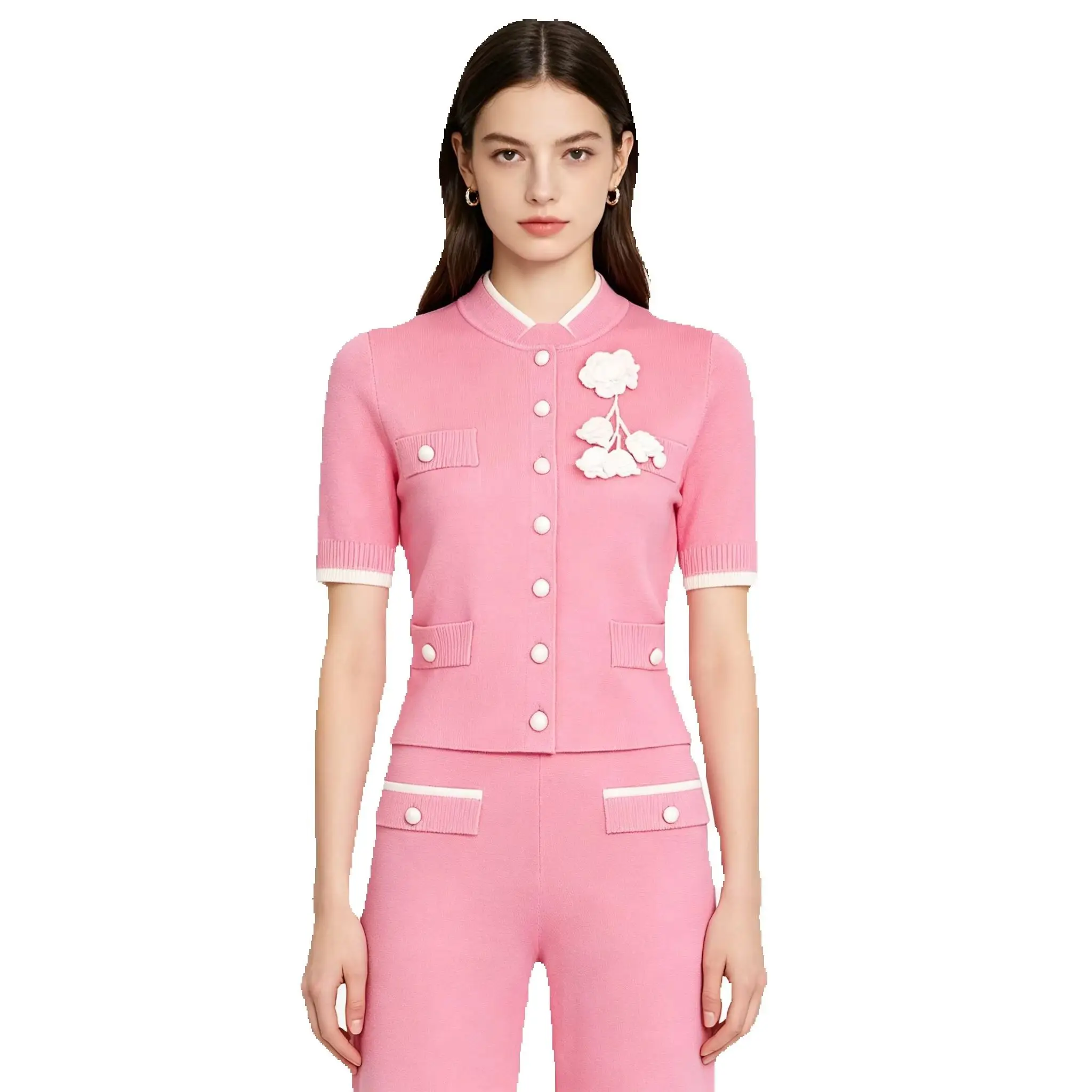 

High Quality Spring And Autumn New Heavy Industry Elastic Knitted Three-dimensional Flower Top Cardigan+pants Women's Suit