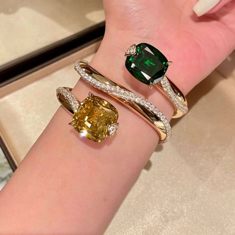 Bellux Lemon Green Grape Double Stone Bracelet 925 Silver Gold Plated Synthetic Zircon Square Three Layer Vine Bangle