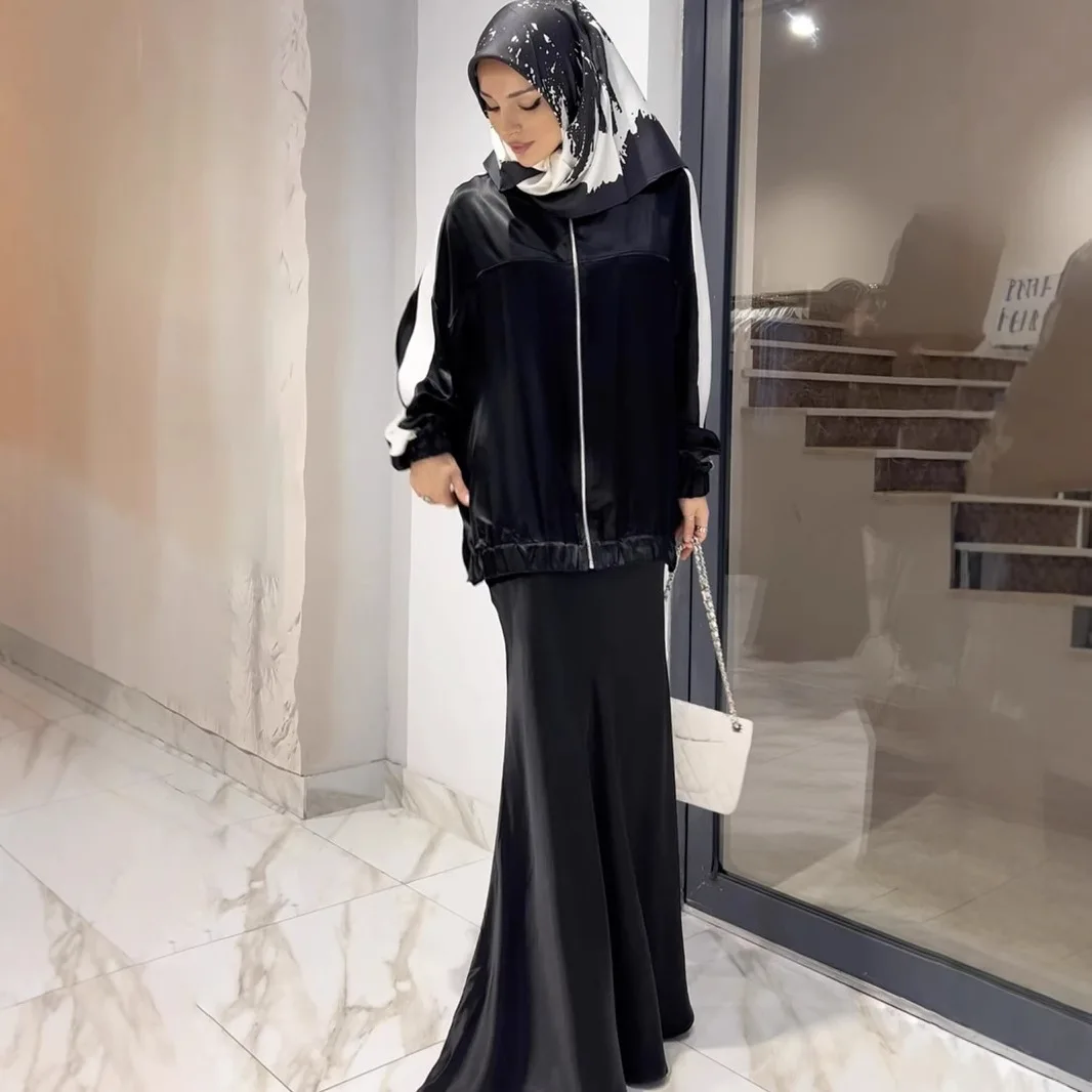

Muslim Sets Women Jacket Long Skirts Suit Tracksuit Coat Skirt Zipper Patchwork Ensemble Ramadan Morocco 2025 Dubai Outfits
