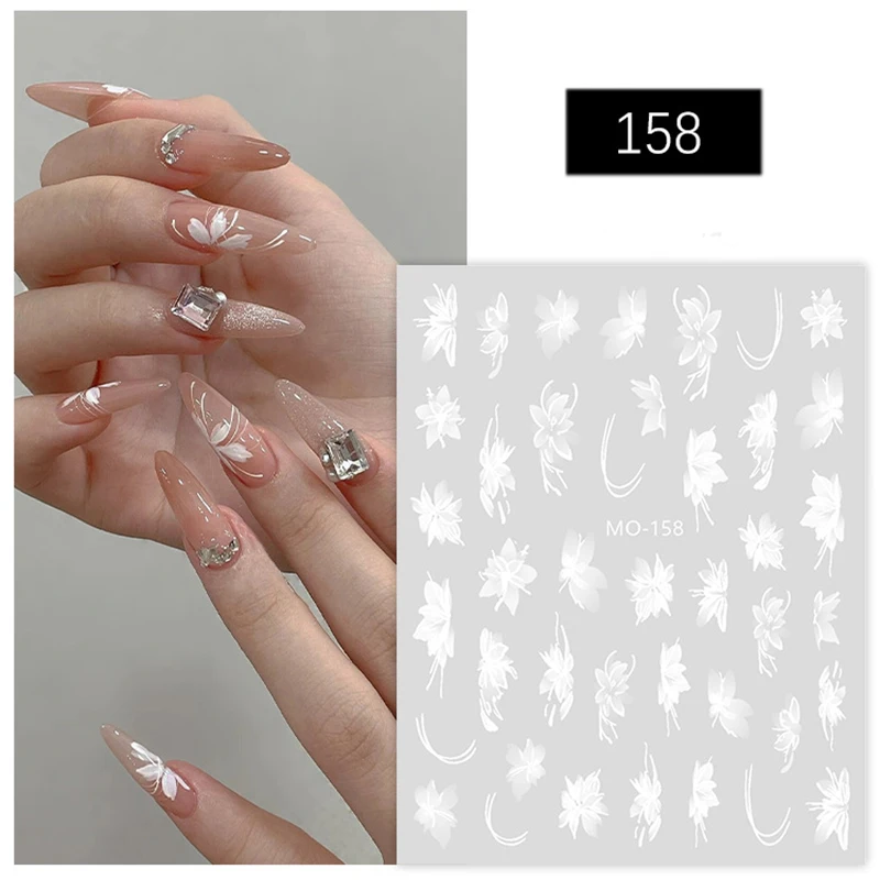 5d geprägte Nail Art Aufkleber Hand zeichnen weiße Blumen klare Blumen selbst klebende Schieber Aufkleber Dekorationen für Nagels pitzen Maniküre