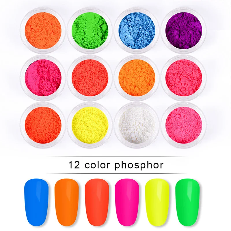 12 colori neon fosforo pigmento polvere fluorescente smalto pigmento polvere set decorazioni per unghie nail art viso fluorescente