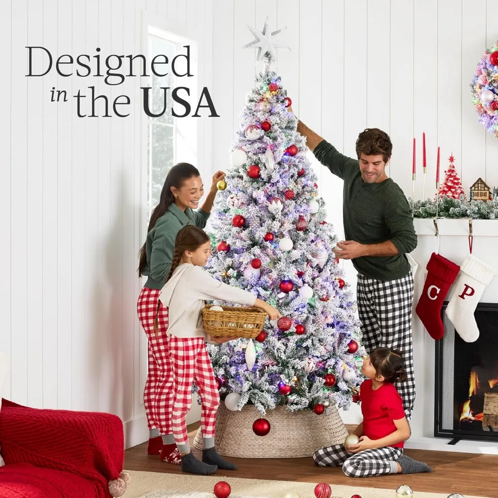 6ft Snowy Flocked Pine Artificial Christmas Tree with Dual Color LED Lights, Full