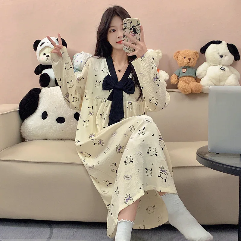 

V Neck Spring Nightdress for Girls Kawaii Animal Dog Panda Bunny Women Nightgowns Bowknot Sweet Sleepwear Home Suits Long Sleeve