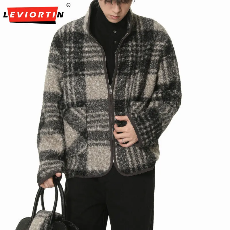 

Men's youth popular style small fragrant plaid contrasting cotton jacket with warm stand up collar and stylish woolen coat