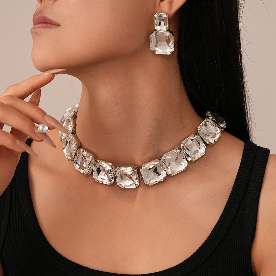 New Cushion Prism Choker Necklace Earrings Set for Women Chunky Faceted Statement Luxe Bridal Wedding Formal Dramatic Party Gift