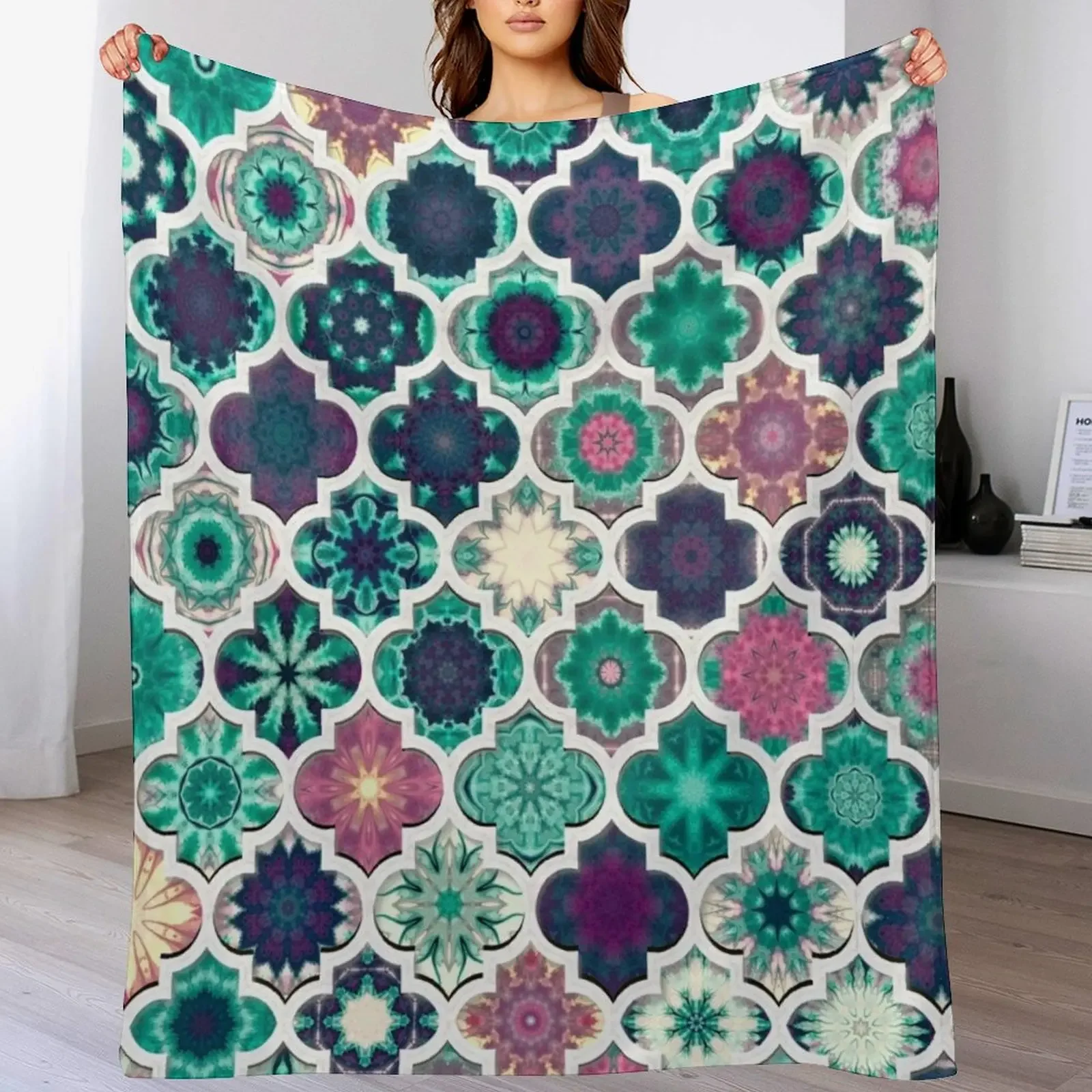 

Moroccan Tile Pattern Teal Throw Blanket for winter Single Blankets