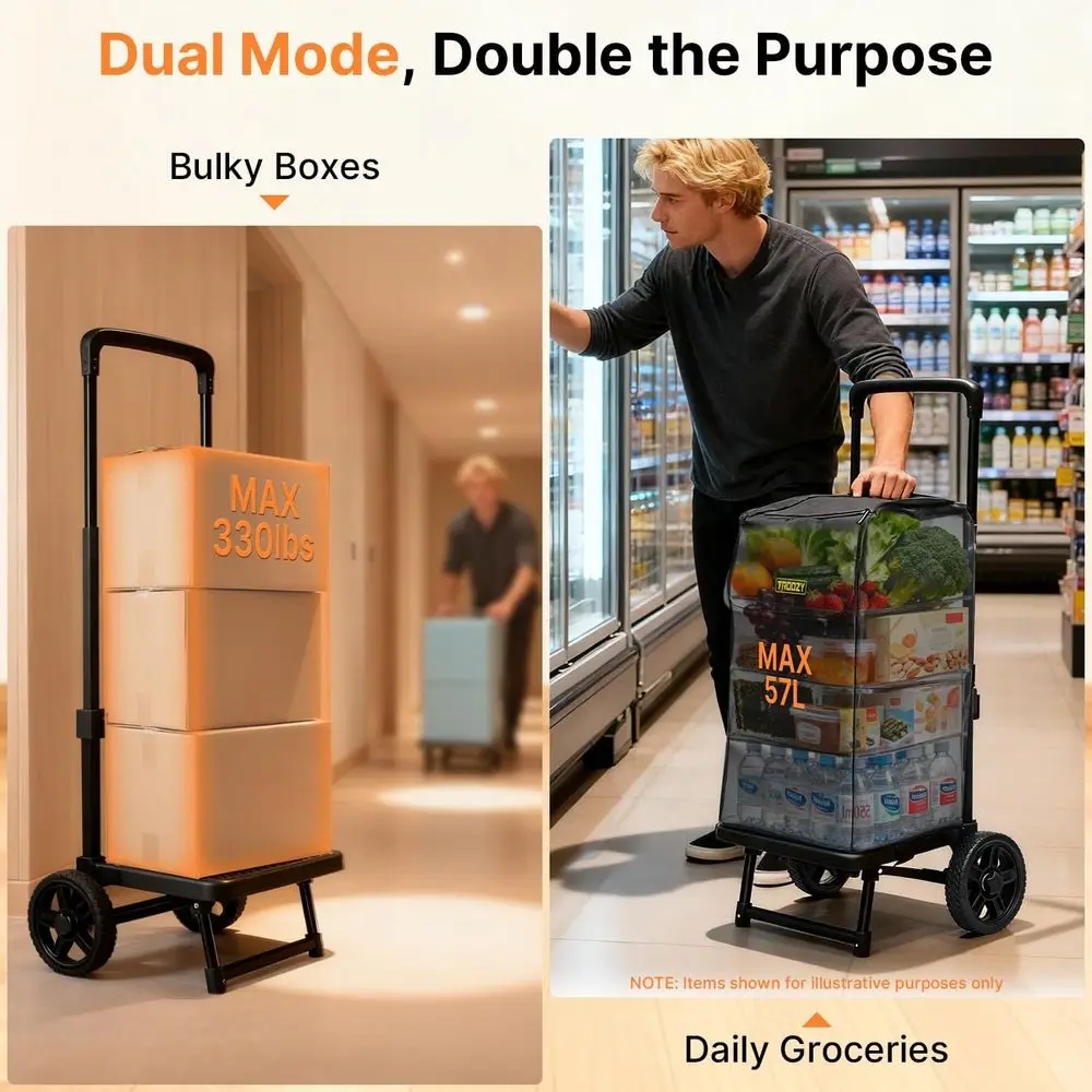 Zusammenklappbarer Einkaufswagen mit doppeltem Funktionsfunktion und wasserdichter Tasche von 57 lb, 330 Pfund Tragkraft, Treppensteigerräder für Lebensmittel, Wäsche und Bewegungen