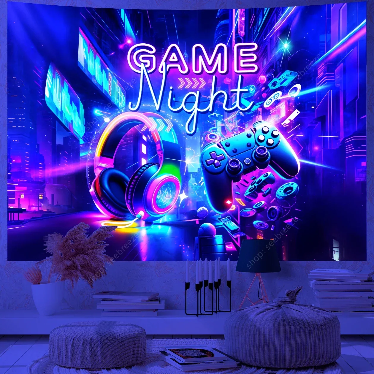 Tapiz reactivo UV Game Over Game Zone, tapiz con controlador de juego para habitación de deportes electrónicos, colgante de pared, telón de fondo de