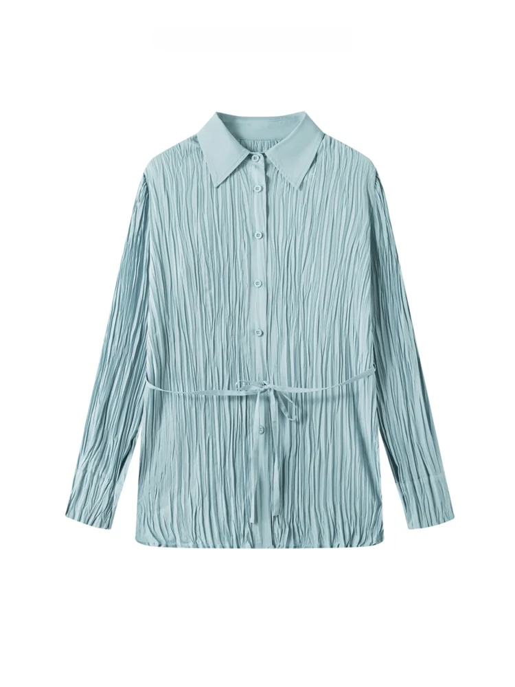 

Elegant Pure Color Neck Long Sleeve Shirt Women's Slim Fit Breathable Polyester Casual Business Style Regular Length