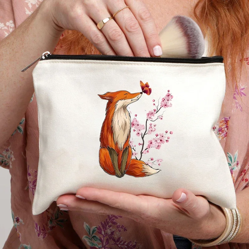 Sakura Fox Butterfly Printed Cosmetic Bag Travel Storage Zipper Pouch Wallet Office Supplies Pencil Case Gift for Animal Lovers