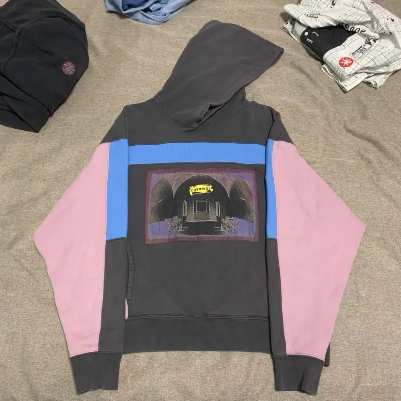 Fashion Streetwear Oversize CAVEMPT Sweatshirts Terry Blue Ribbed Patchwork Abstract Print Hood Sweatshirt Men Women Pullover