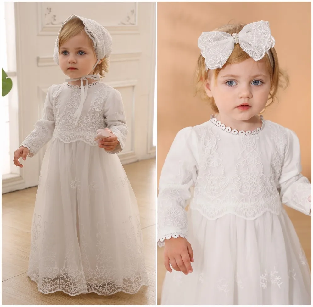 Vestidos de bautismo de manga larga Vintage para niñas, fiesta de cumpleaños de primer año, boda, bautizo, ropa infantil para bebés