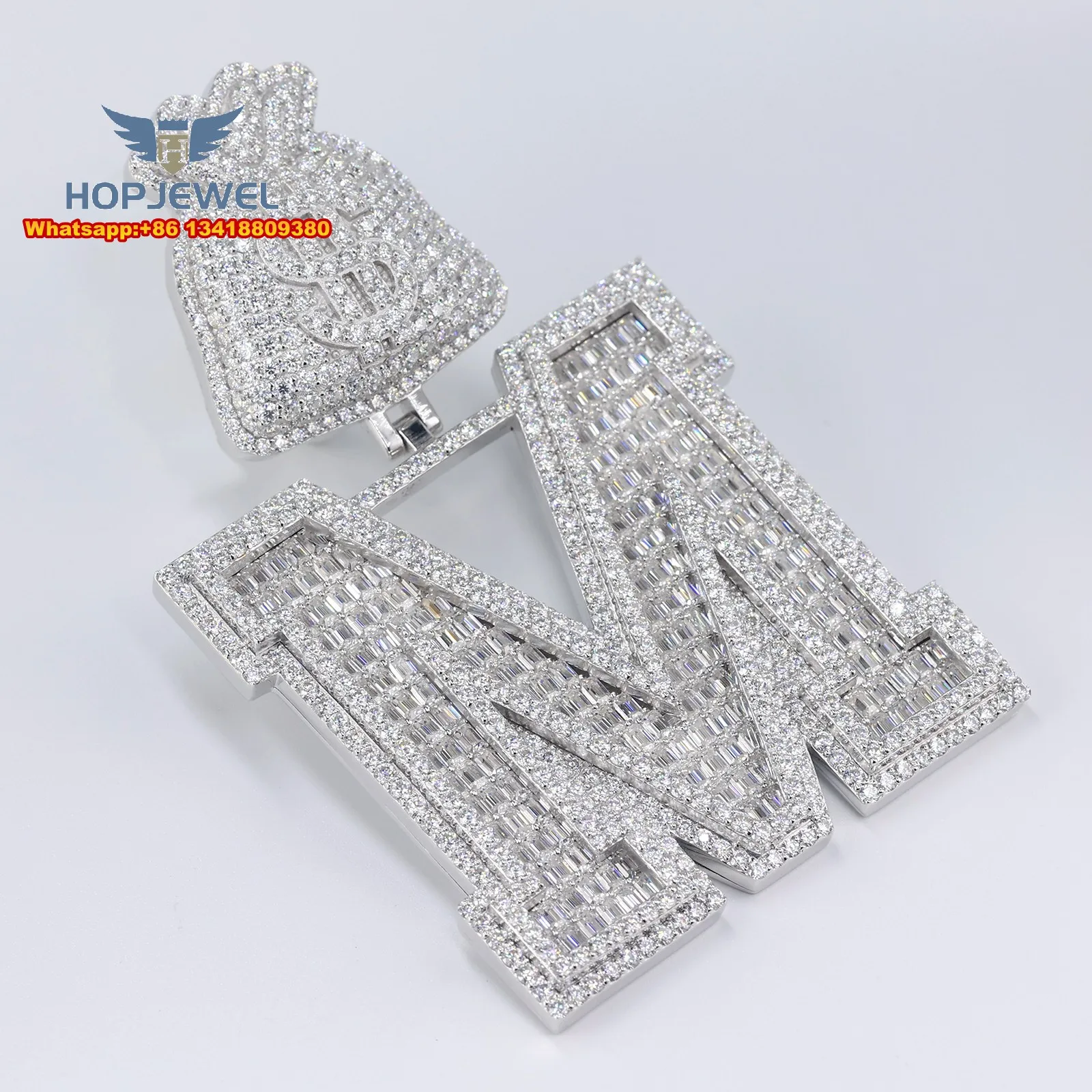 JEWE Custom Men's Moissanite Diamond Letter M Pendant Full Iced Out S925 Emerald Cut Baguette VVS Diamond Hip Hop Necklace Chain