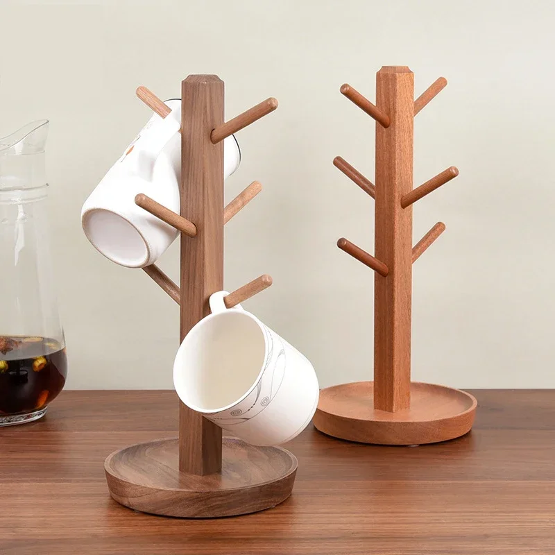 HeMu Walnut Wood Tree Shape Mug Rack, 6 Hooks Coffee Cup Holder with Drip Tray, Countertop Mug Stand for Kitchen Storage