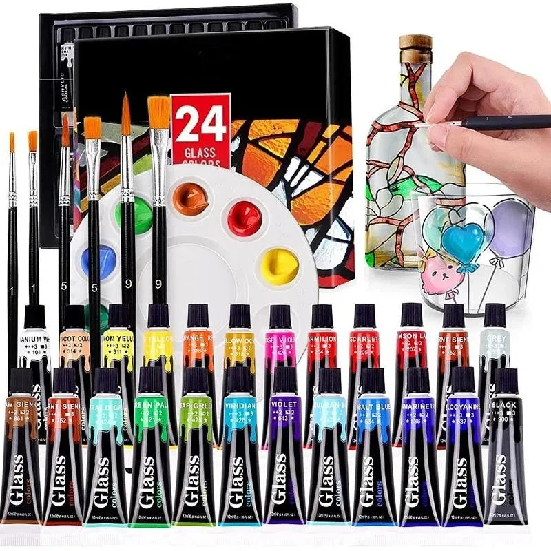12/24 Colors Acrylic Paints Set Kit Glass with Brushes Palette Waterproof Pigment 12ml Tube Ceramics Art Supplies Stationery