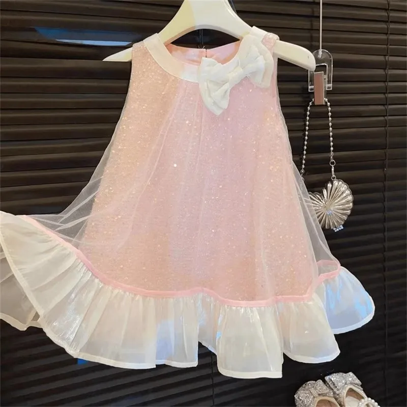 

2025Summer Girls' New Sleeveless Bowknot Mesh Vest Dress Baby Sequin Princess Dress