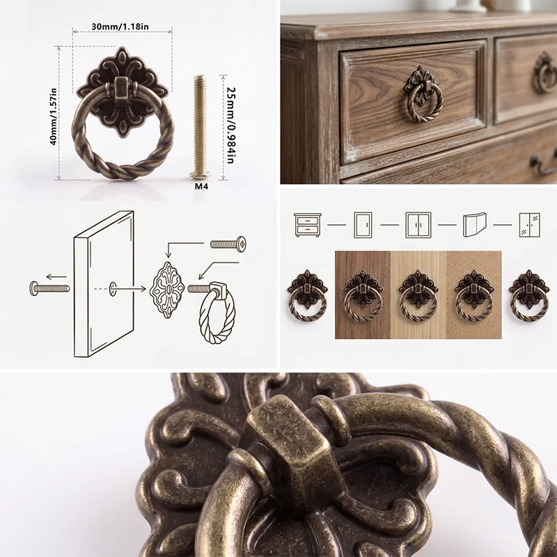 Zinc Alloy Vintage Twisted Ring Pulls 20Pcs(10 Handles+10 Screws) Antique Knobs for Drawer Cabinet Wooden Box Storage Case Furni