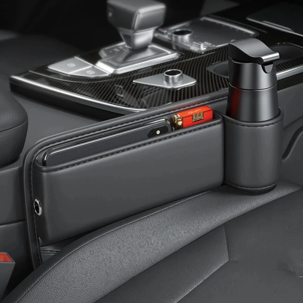 Car Seat Gap Water Cup Holder Leather Universal Crevice Side Storage Box Driver Front Auto Seat Gap Filler Organizer In the Car view 3