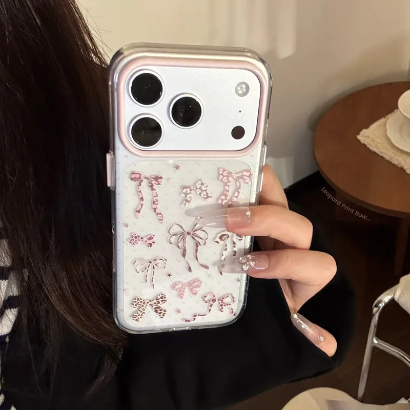Cute Pink Bow Knot Pattern Soft TPU Shockproof Portable Protective Cover Case for iPhone 17 Pro Max