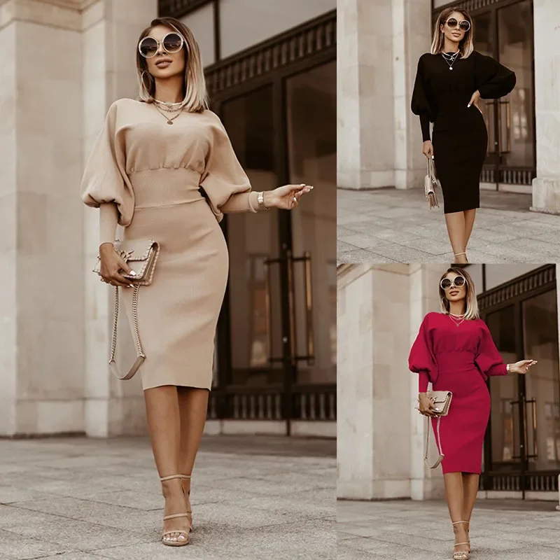 

Women Elegant Office Lantern Sleeve Party Dresses Ladies O Neck Bodycon Dress Autumn Winter Solid Midi Dress 2023 Vestidos