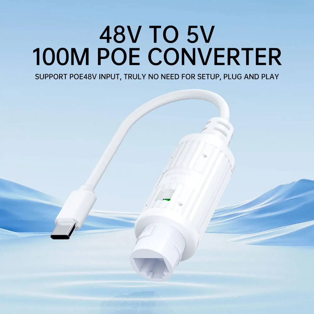 48V zu 5V Wasserdichter PoE-Konverter, RJ45-Anschluss zu Typ-C 5V/2A, IEEE802.3 AF/AT Power Over Ethernet für Typ-C Passive 5V Geräte – Detail 2