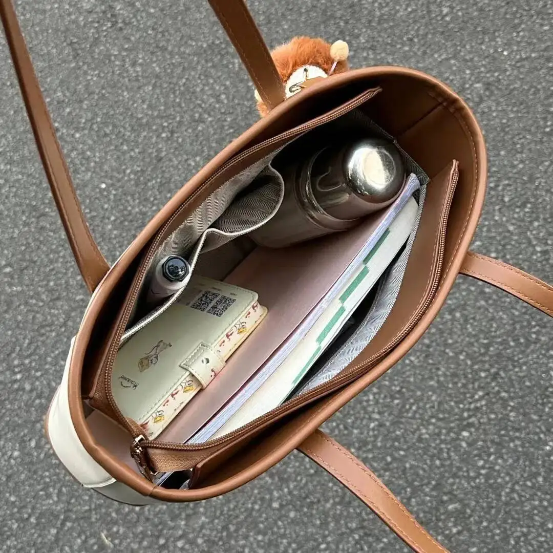 Bloom Vintage Beige Large Capacity Tote Bag Hot Girls New Travel Office Leather Casual Handbag Female Retro Shoulder Bags Y2k