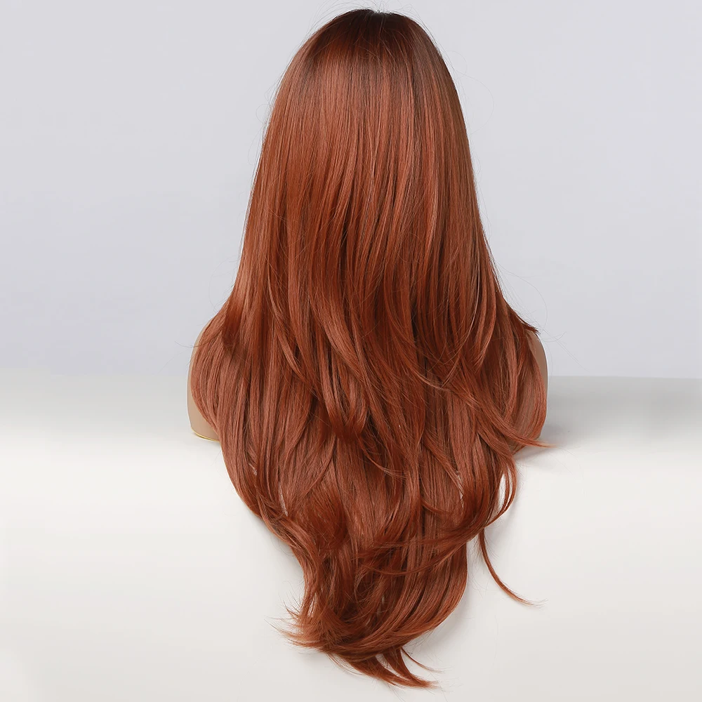 HAIRCUBE Long Straight Synthetic Wigs Red Brown Ginger Copper Wigs for Women With Bangs Party Daily Heat Resistant Fiber Wigs