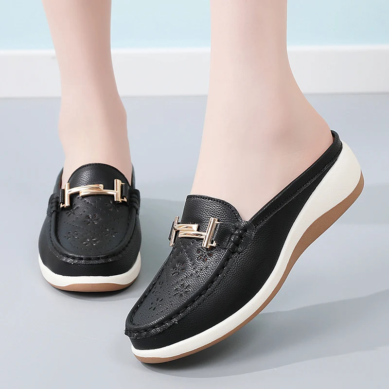 Women's Mules Shoes Hollow‑Cut Slip‑On Backless Loafers Comfort Walking Shoes Metal Decoration Casual Slide Sandals for Ladies image 5