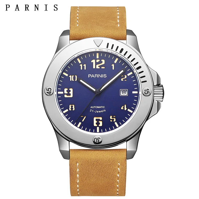 Parnis 43mm Blue Dial Men Mechanical Automatic Watch Leather Strap Sapphire Glass 21 Jewels Luminous Watches With Box Gift 2024