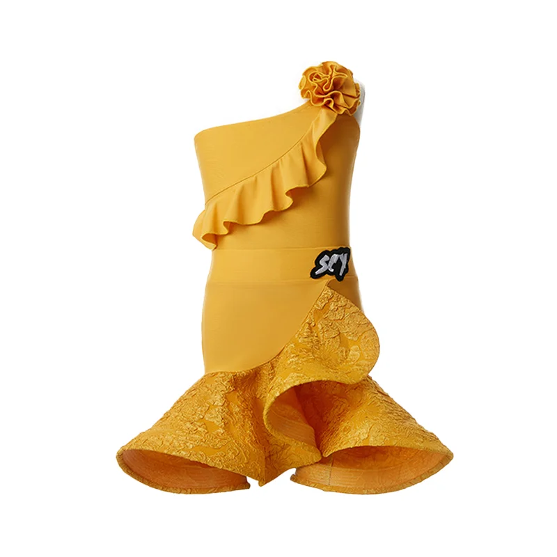 Dziecięcy strój do tańca latynoamerykańskiego dla dziewczynki, żółty, z wycięciami na ramionach, body i spódnica z bandażami sznurowanymi, strój treningowy do tańca towarzyskiego, kostium konkursowy.