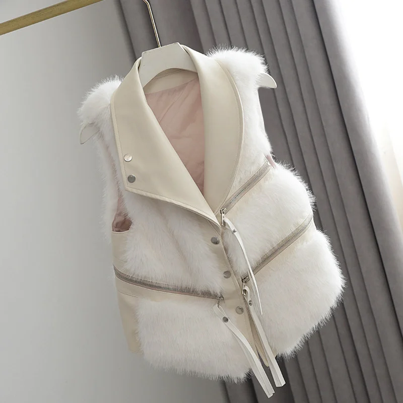 여성 조끼 짧은 모피 코트 슬림 패션 가을 겨울 모조 여우 모피 조끼 자켓 2025 Splicing 민소매 양복 조끼 여성