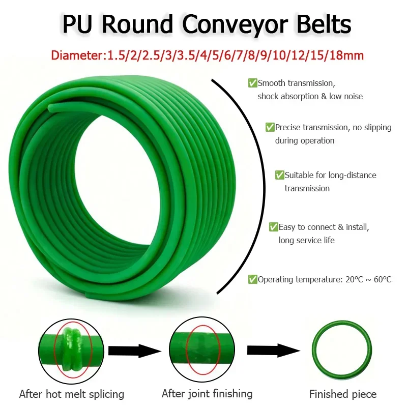 1/3/5/10/20M Round Green Polyurethane Conveyor Belts PU Drive Belt Meltable Cord Dia 1.5 2 2.5 3 3.5 4 5 6 7 8 10 12 15 18mm