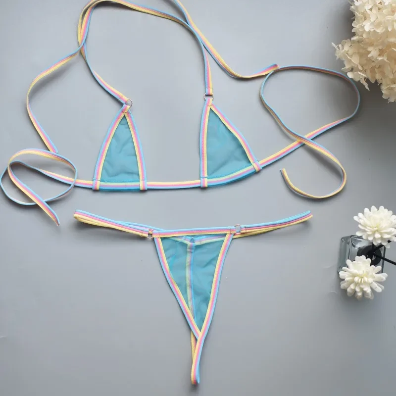 بيكيني صغير ملابس داخلية شفافة للنساء ، مجموعة ملابس داخلية مثيرة ، خيط صغير ، ثياب داخلية ، دانتيل ، حمالة صدر برقبة ، حمالة صدر بيكيني صغيرة