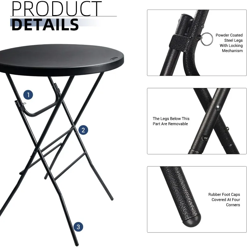 32in Black High Top Folding Cocktail Table, Portable Bar Height Folding Table Round with Removable Carbon Black Legs