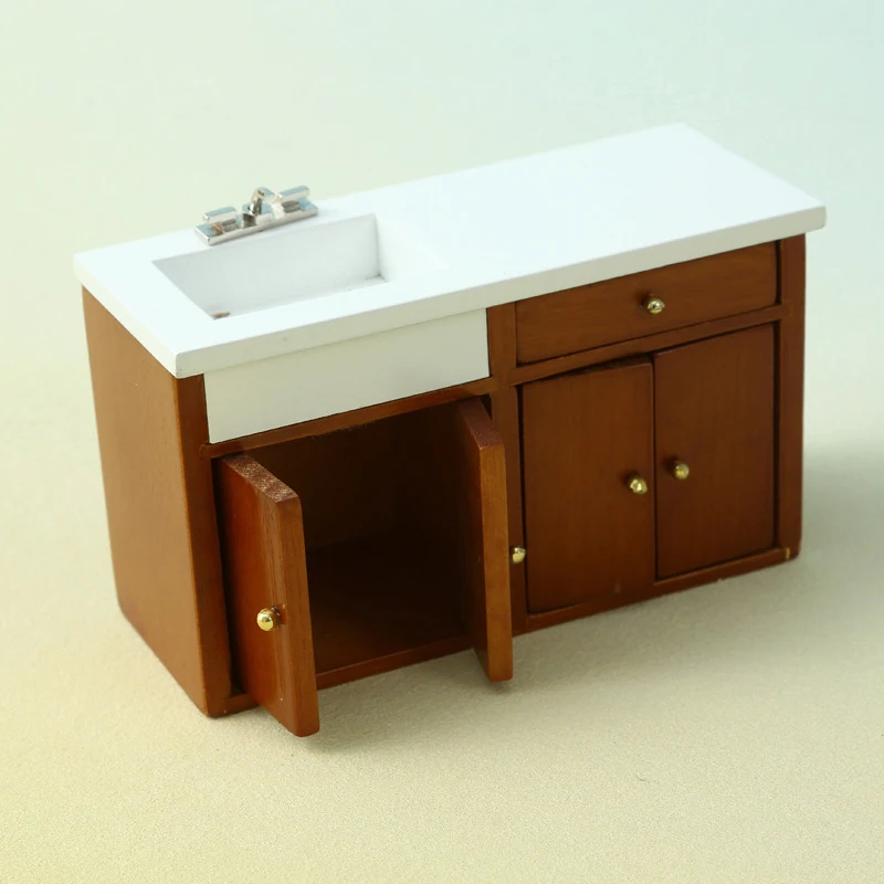 1pcs 1:12 Dollhouse Miniature Wooden Sink Cabinet Retro Kitchen Furniture Doll House Scene Model Ornament