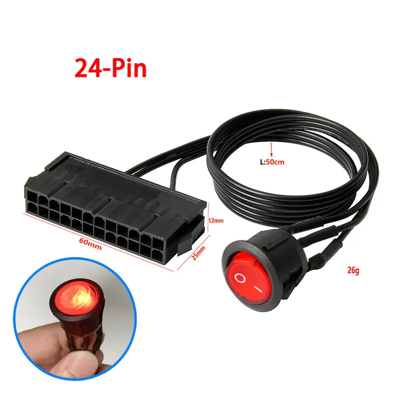 1PC 24-Pin Female ATX PSU PC Power Supply Starter Tester Start Up Jumper Cable With ON/OFF Switch 50cm Red Indicator Light