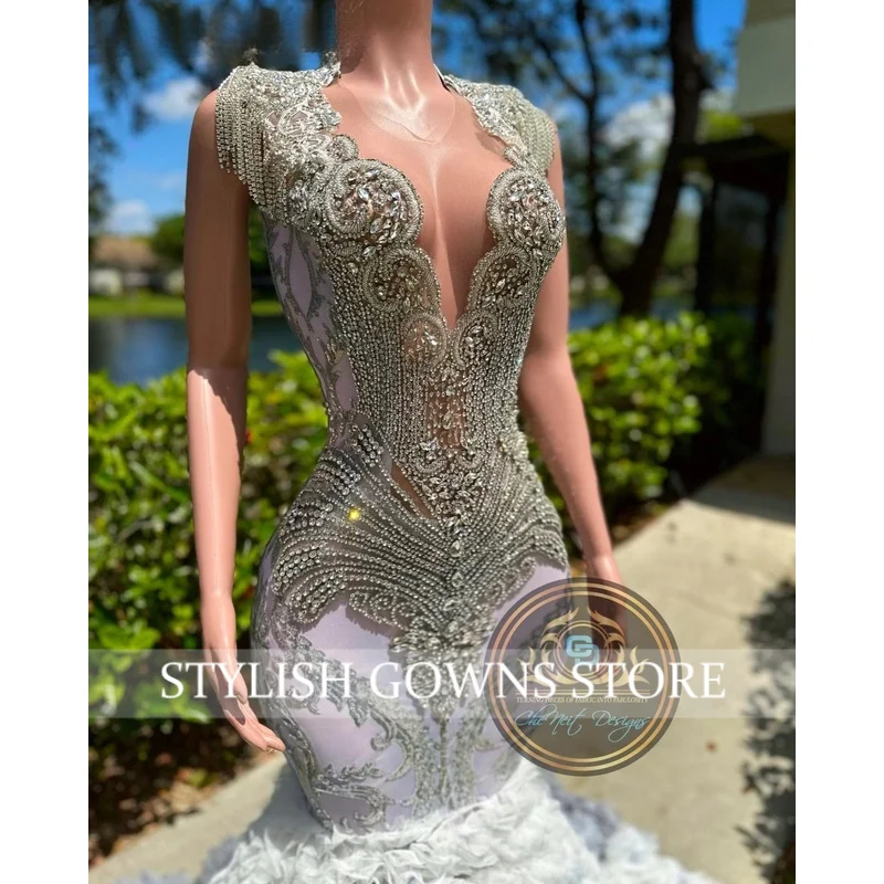 Customized African Silver Ruffles Prom Dress Rhinestones Long Mermaid Black Girls Birthday Dress Formal Party Gowns