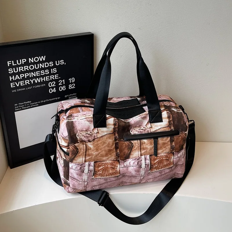 

2025 New Portable Short Trip Hand Luggage Bag - Korean Style Large Capacity Printed Crossbody, Women's Fitness Sports Travel Bag