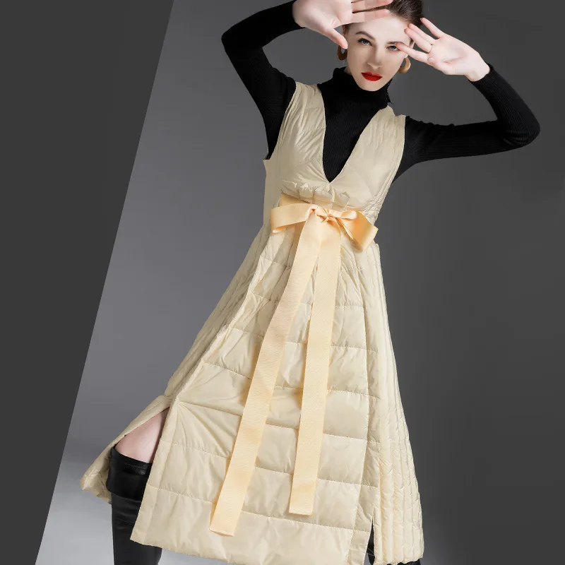 Autumn Winter High Quality Trend New Slim Fit White Duck Down Dress Women's Irregular Hem Down Dress Sleeveless Long Warm Vest