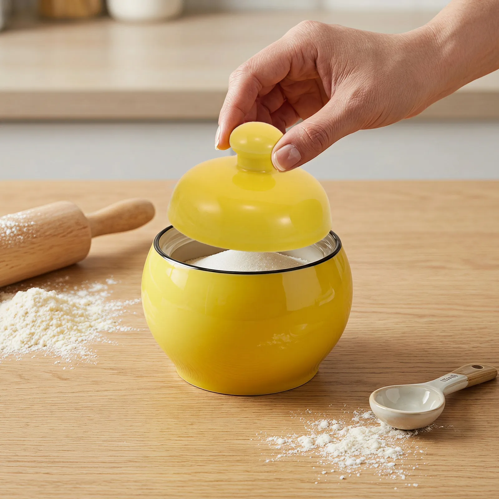 Ceramic Sugar Jar Drum-Shaped Vintage Candy Container 350Ml Kitchen Salt Spice Storage Pot Wide Mouth Glazed Lid Easy Opening view 5