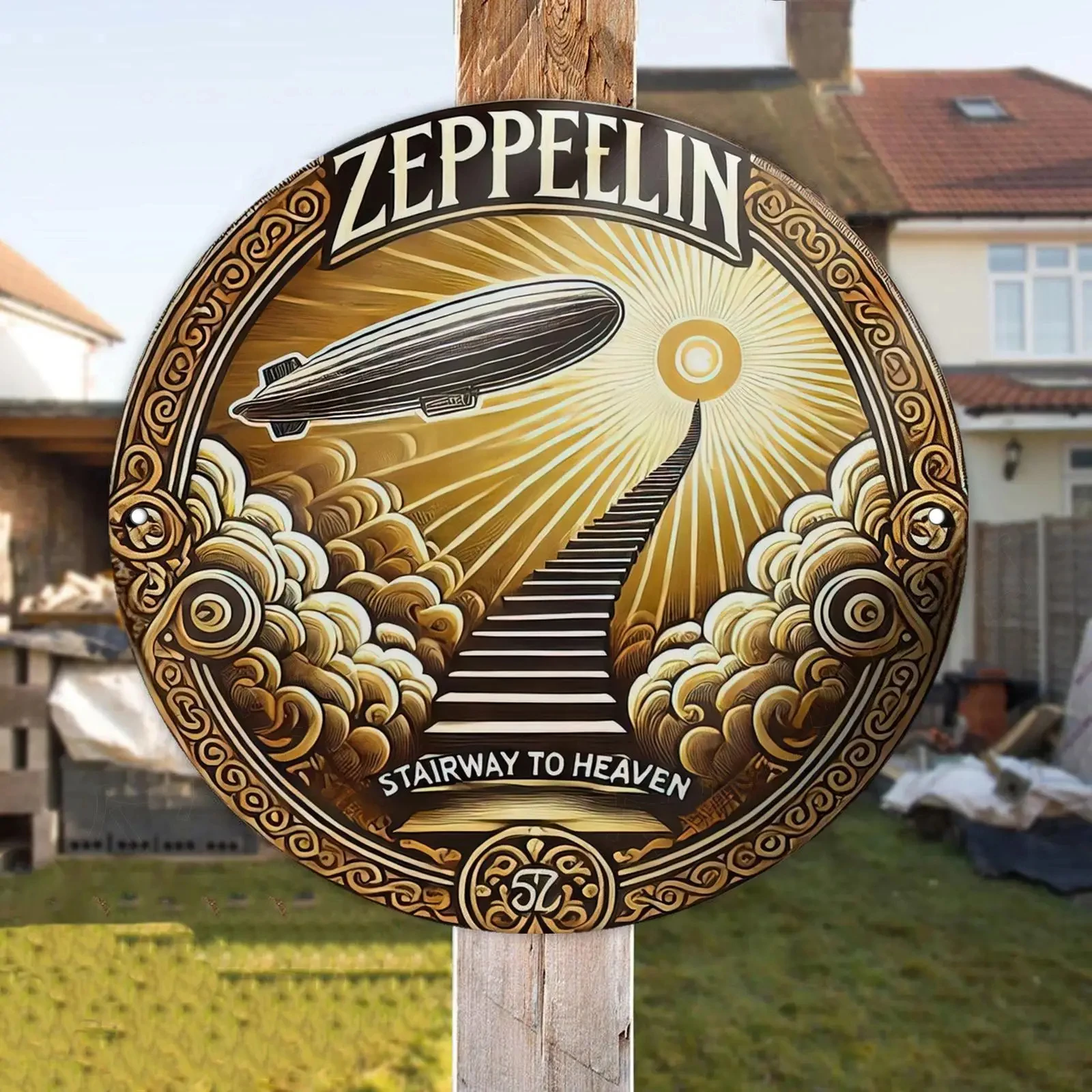 2D Flat, 2D Flat Circular Metal Sign with Zeppelin Paradise Ladder Pattern, Suitable for Living Room, Bedroom, Cafe, Bar, Garage, H