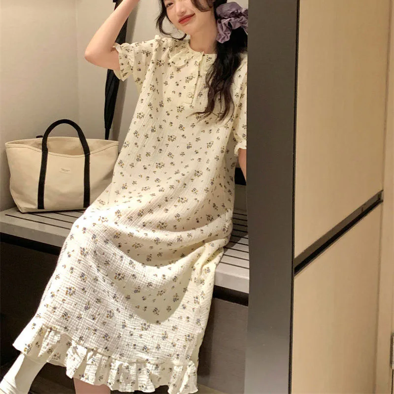 Floral Nightgown Sleepwear Women Korean  Summer One Piece Pajamas Dress Short Sleeve Night Button Sleeping Home Wear 2024 New