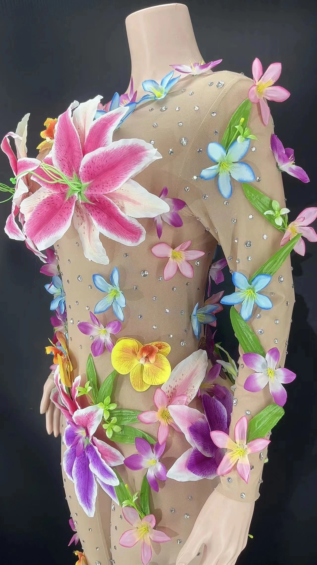 Mono Bodycon de flores, Sexy, transparente, para fiesta en Club nocturno, traje de actuación, ropa de escenario