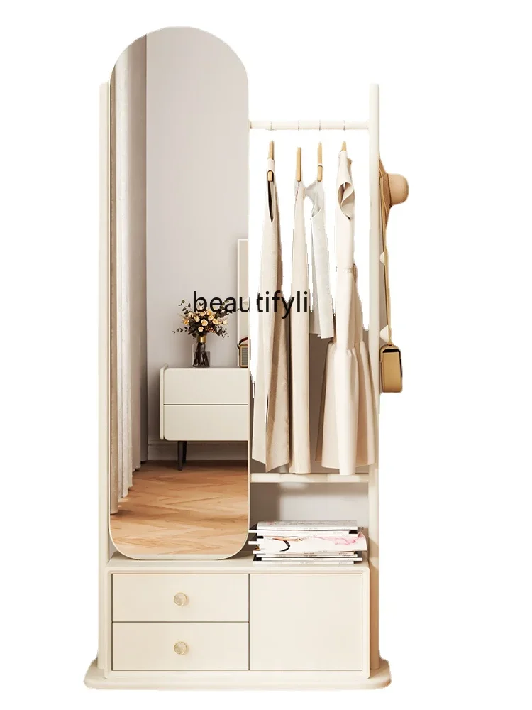 

Designer Solid Wood Dressing Mirror Floor Mirror Bedroom Multi-Functional Cream White Clothes Rack Integrated Coat Rack